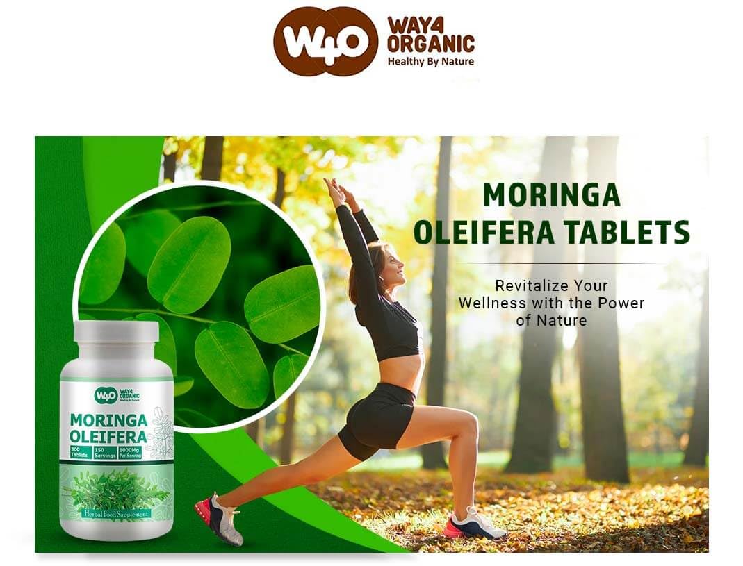 WAY 4 ORGANIC W4O moringa tablets on surface for easy daily use.