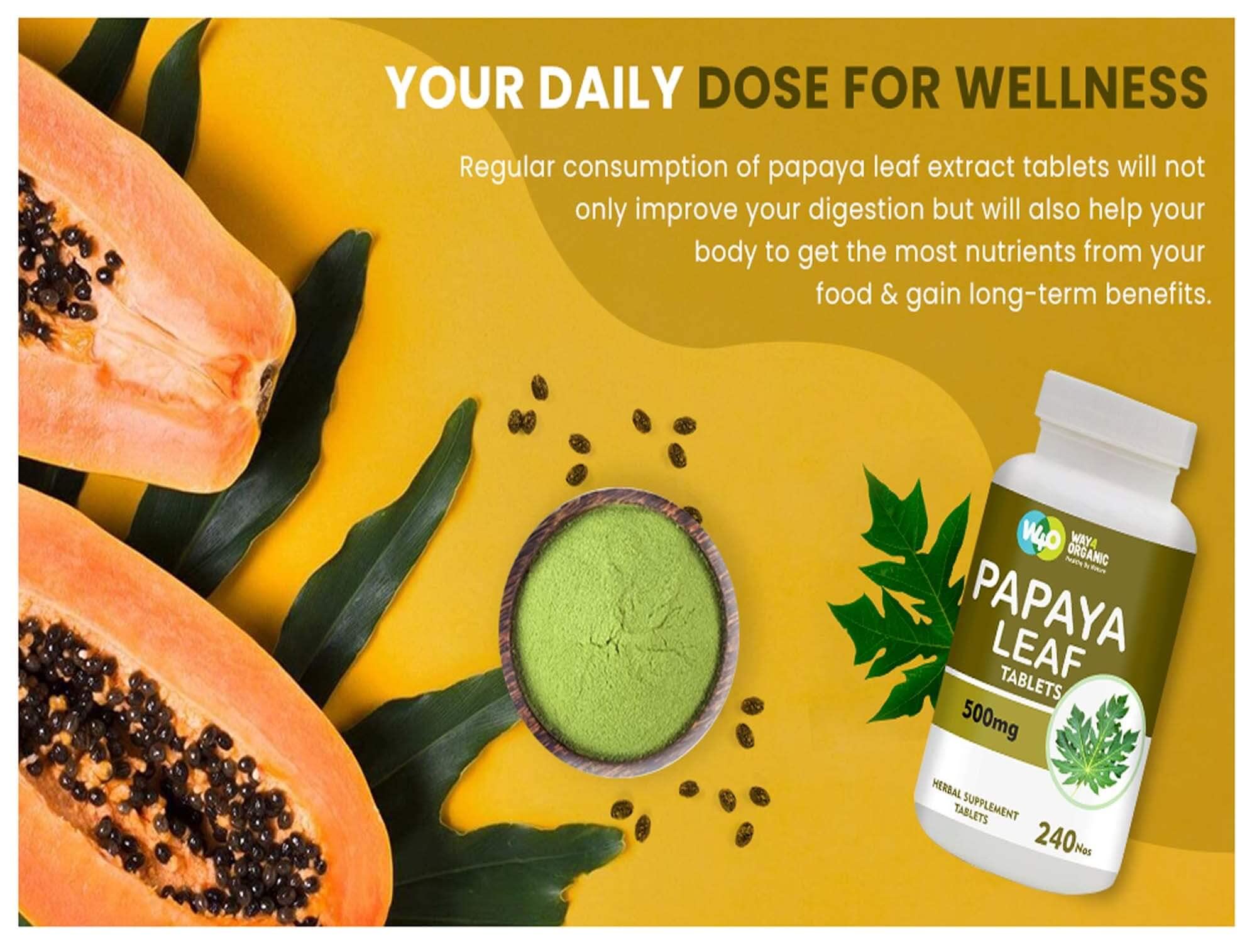 WAY 4 ORGANIC W4O papaya leaf capsules on background emphasize convenient daily dosing.