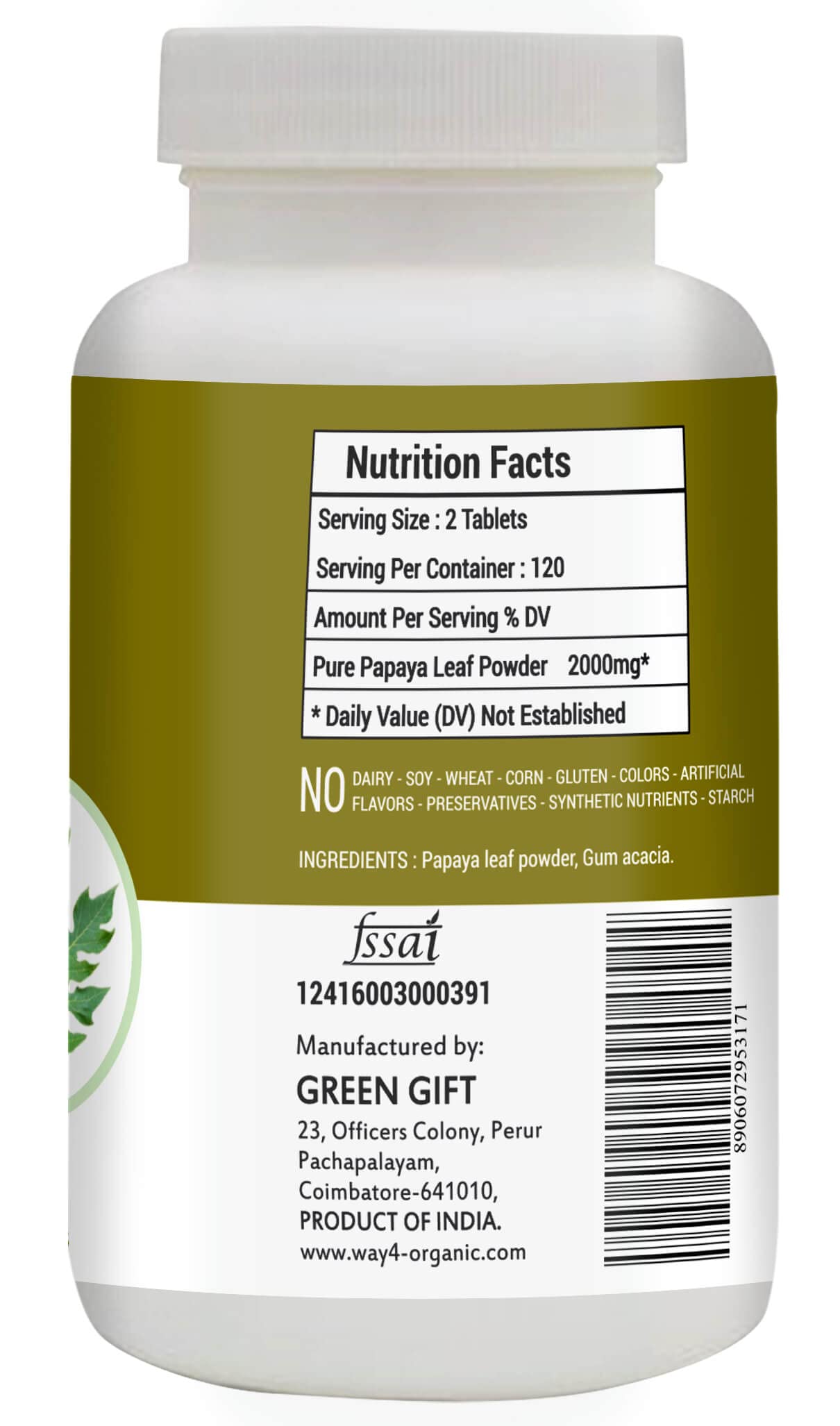 WAY 4 ORGANIC W4O papaya leaf powder capsules closeup suggests natural digestion aid.