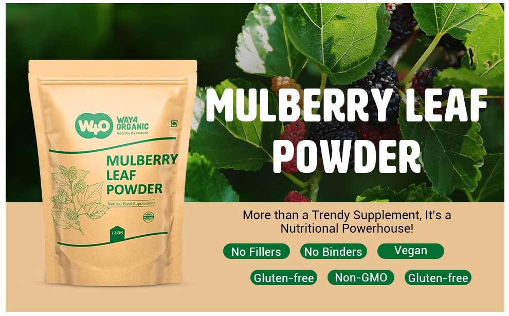 Way4Organic Mulberry Leaf Powder jar label, natural ingredients and aroma.