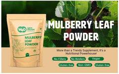 Way4Organic Mulberry Leaf Powder jar label, natural ingredients and aroma.