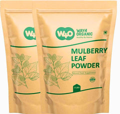 Way4Organic Mulberry Leaf Powder packaging close-up for smoothies and baking.