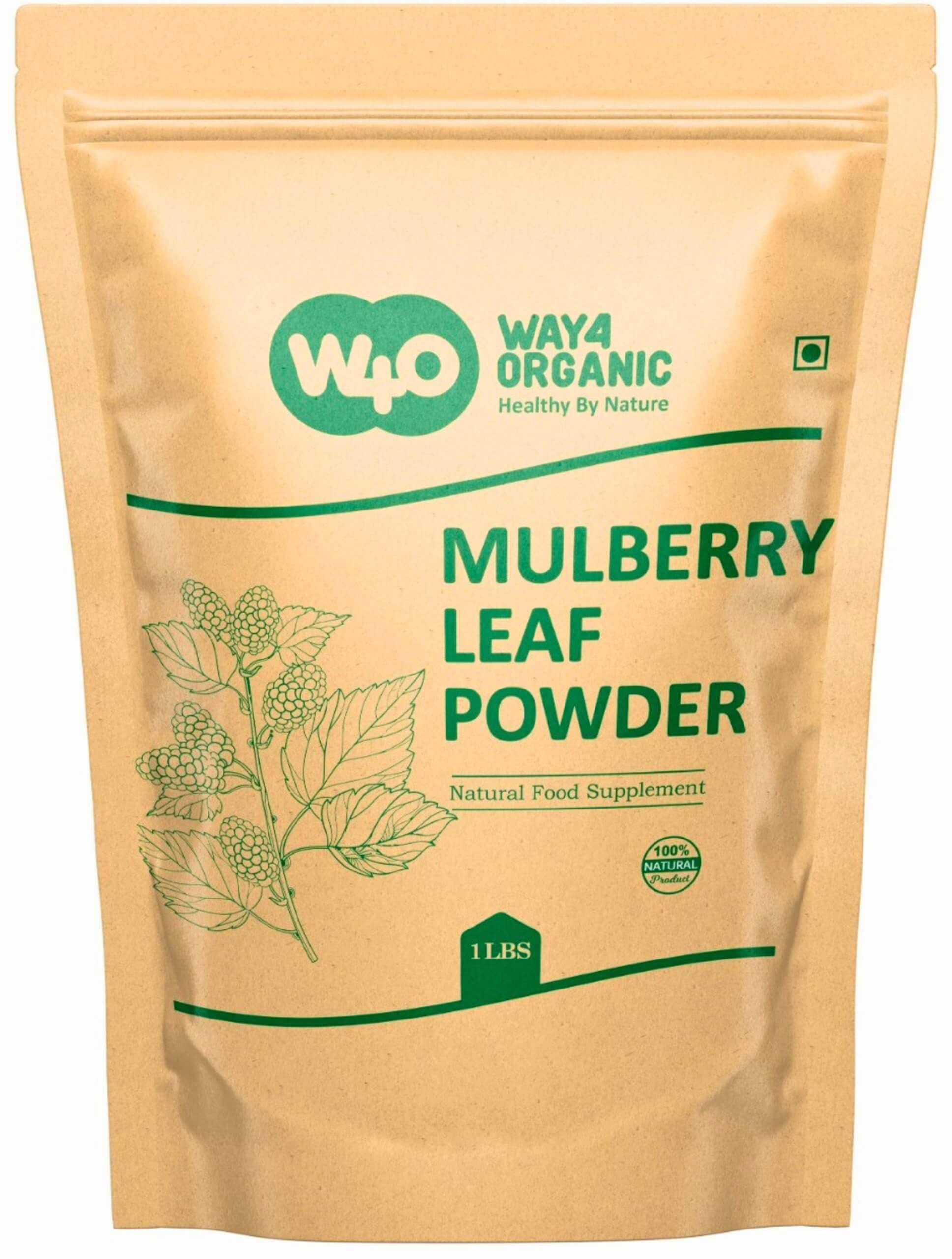 Way4Organic Mulberry Leaf Powder texture on scoop, easy to blend.