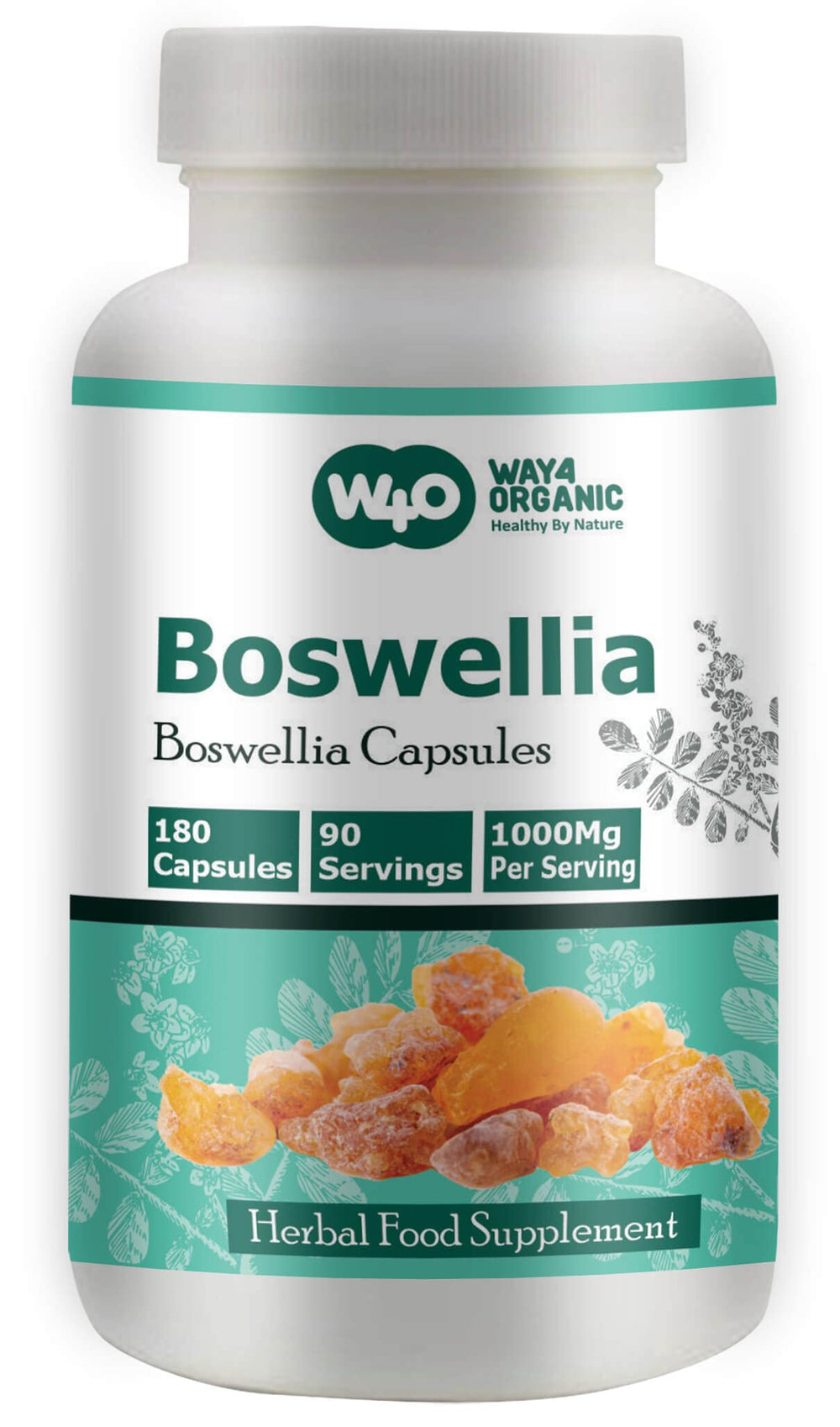 WAY 4 ORGANIC W4O boswellia capsules label close-up shows dosage details.