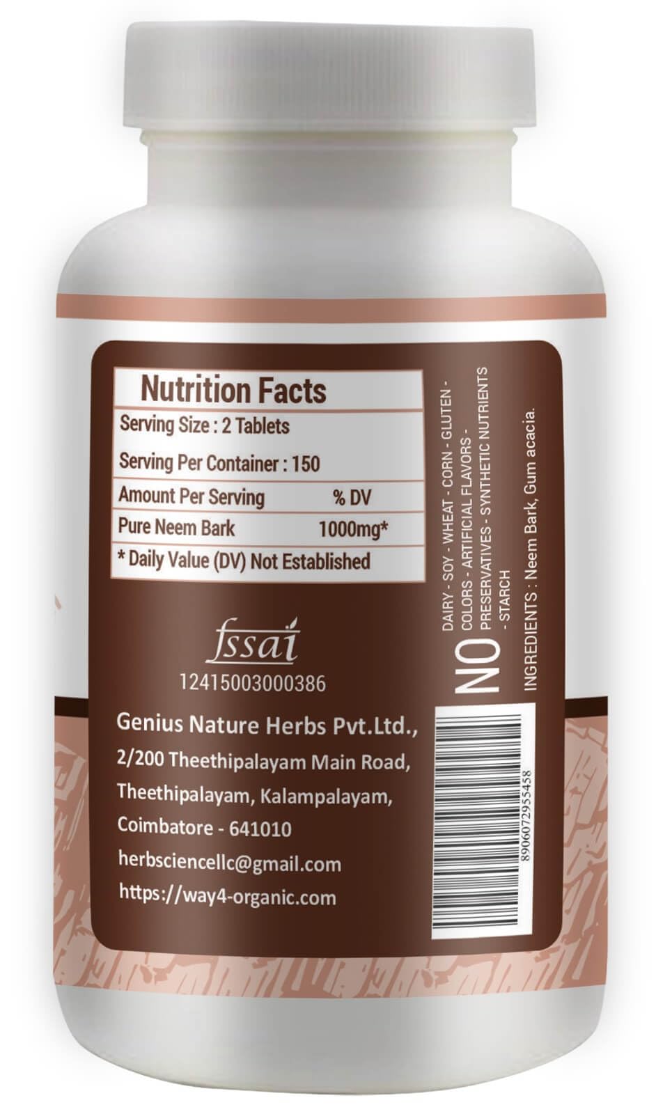 Way 4 Organic W4O Neem Bark Capsules label detail with dosage information.