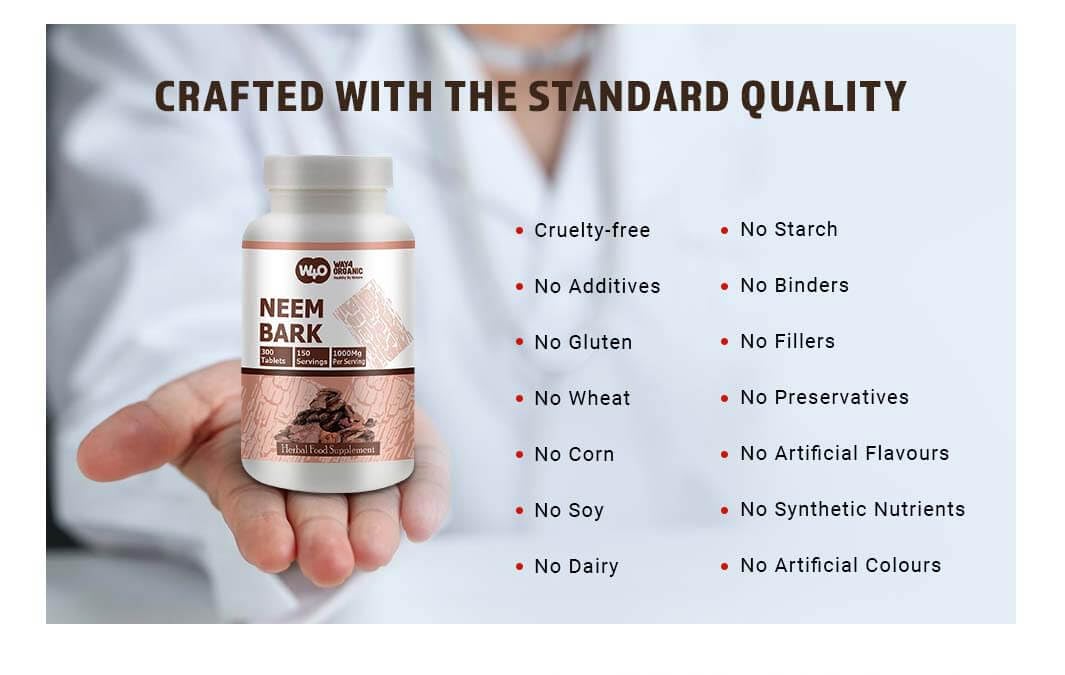 WAY 4 ORGANIC W4O Neem Bark Capsules serving info mentions 150 servings.