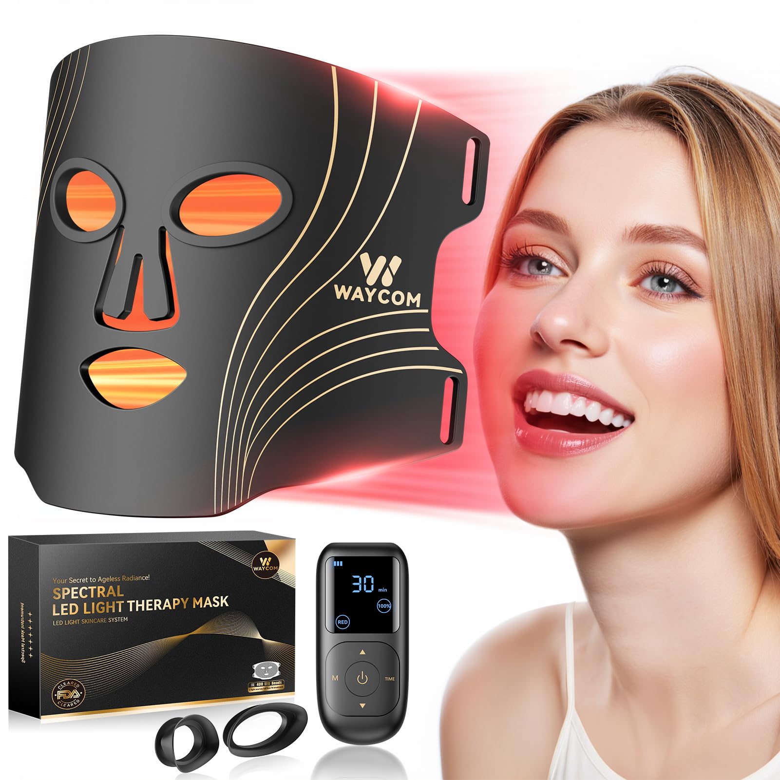 Waycom red-light therapy mask with remote for convenient home sessions.