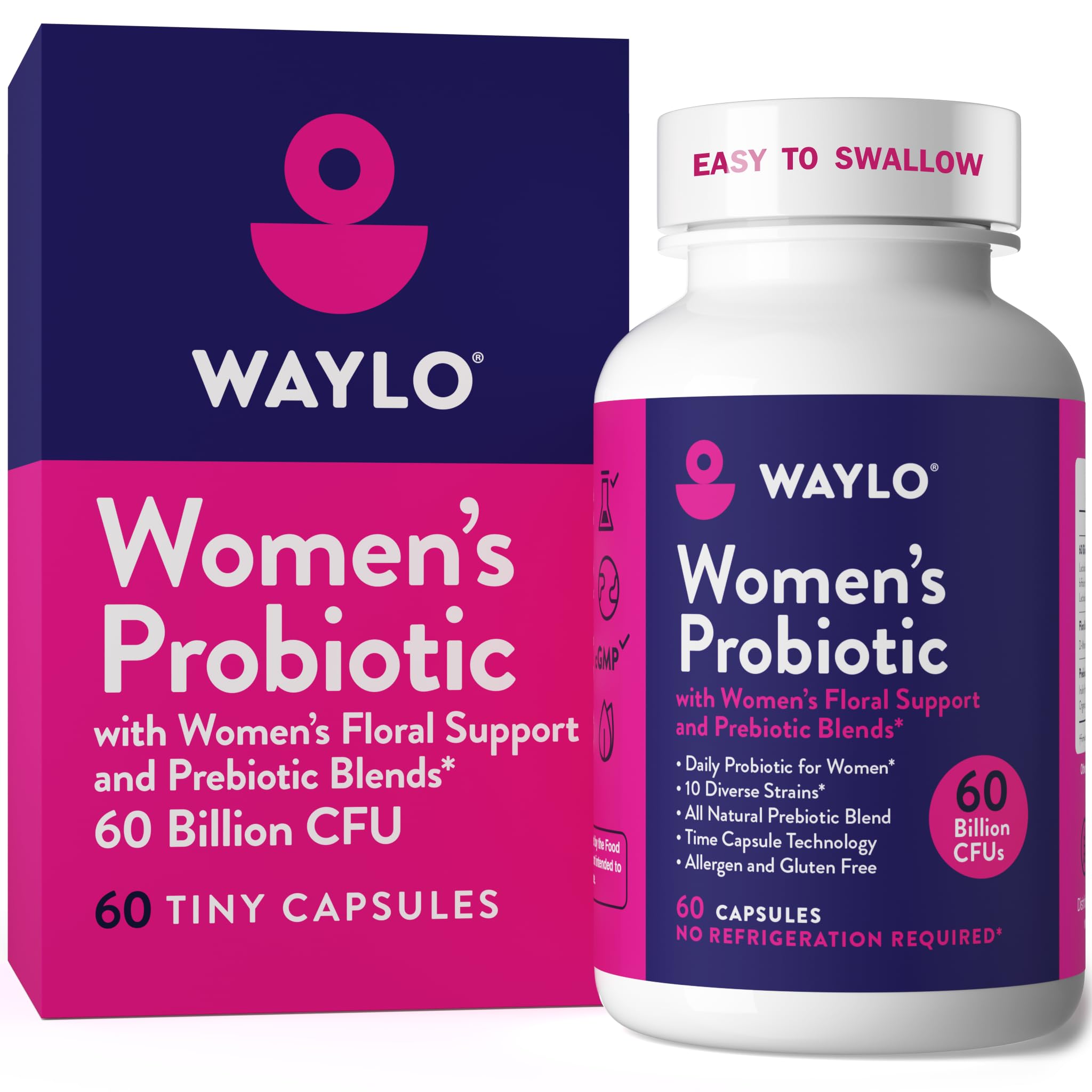 Waylo Probiotics for Women bottle with daily capsules supporting gut balance