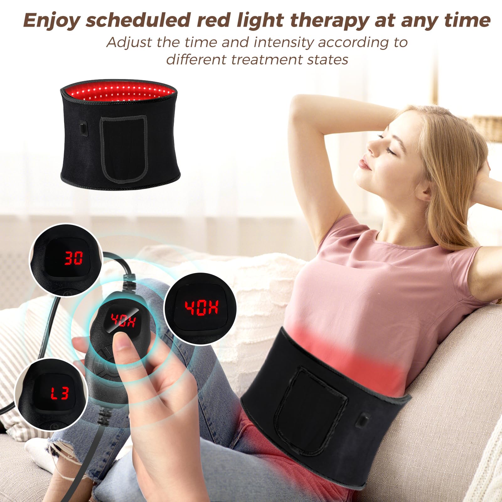 WDIBUN red-light-therapy-belt-adjustable-timer allows sessions from 10 to 90 minutes.