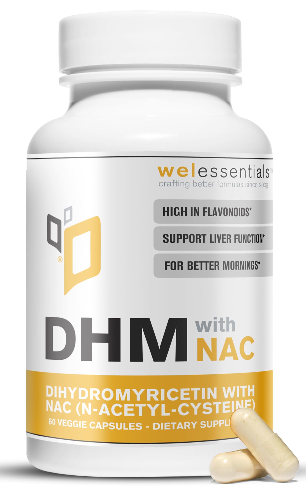 WELESSENTIALS DHM with NAC bottle highlighting liver support and hydration potential