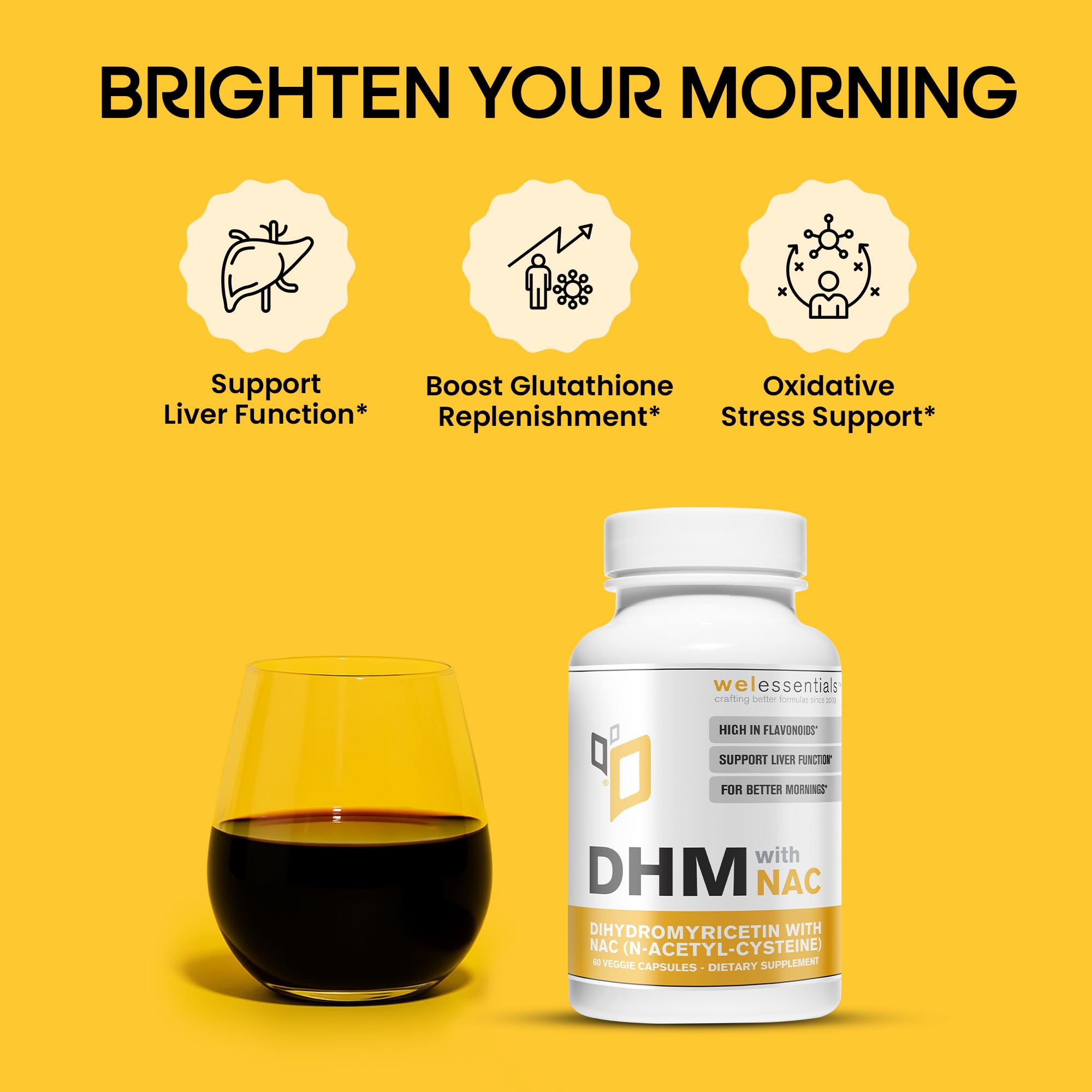 WELESSENTIALS DHM capsules close-up emphasizing clean, sugar-free formula