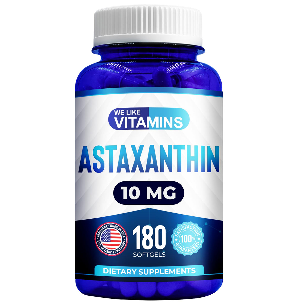 We Like Vitamins Astaxanthin front bottle showing 10 mg potency for eye and skin support