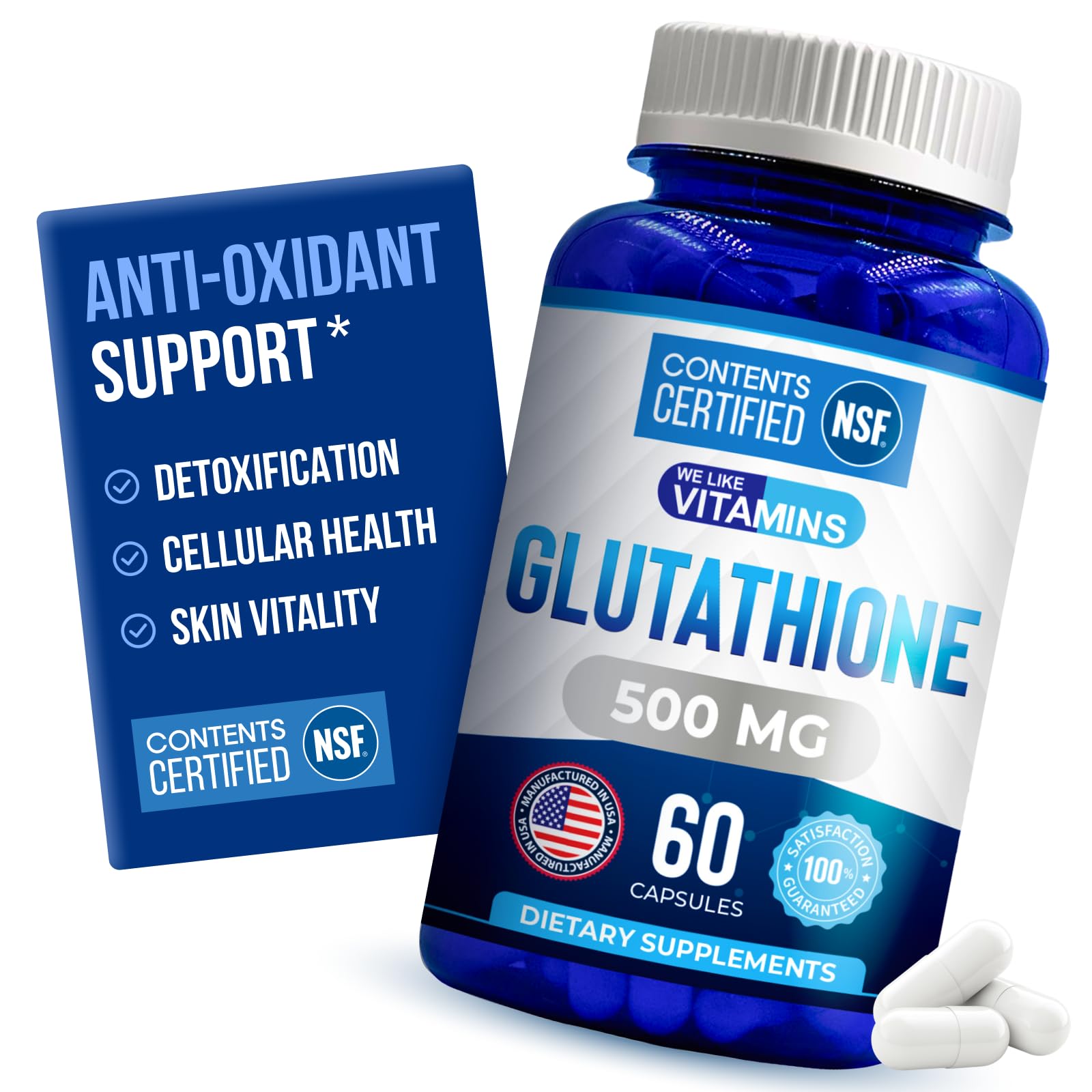 We Like Vitamins Glutathione 500mg bottle shows antioxidant support in daily use.
