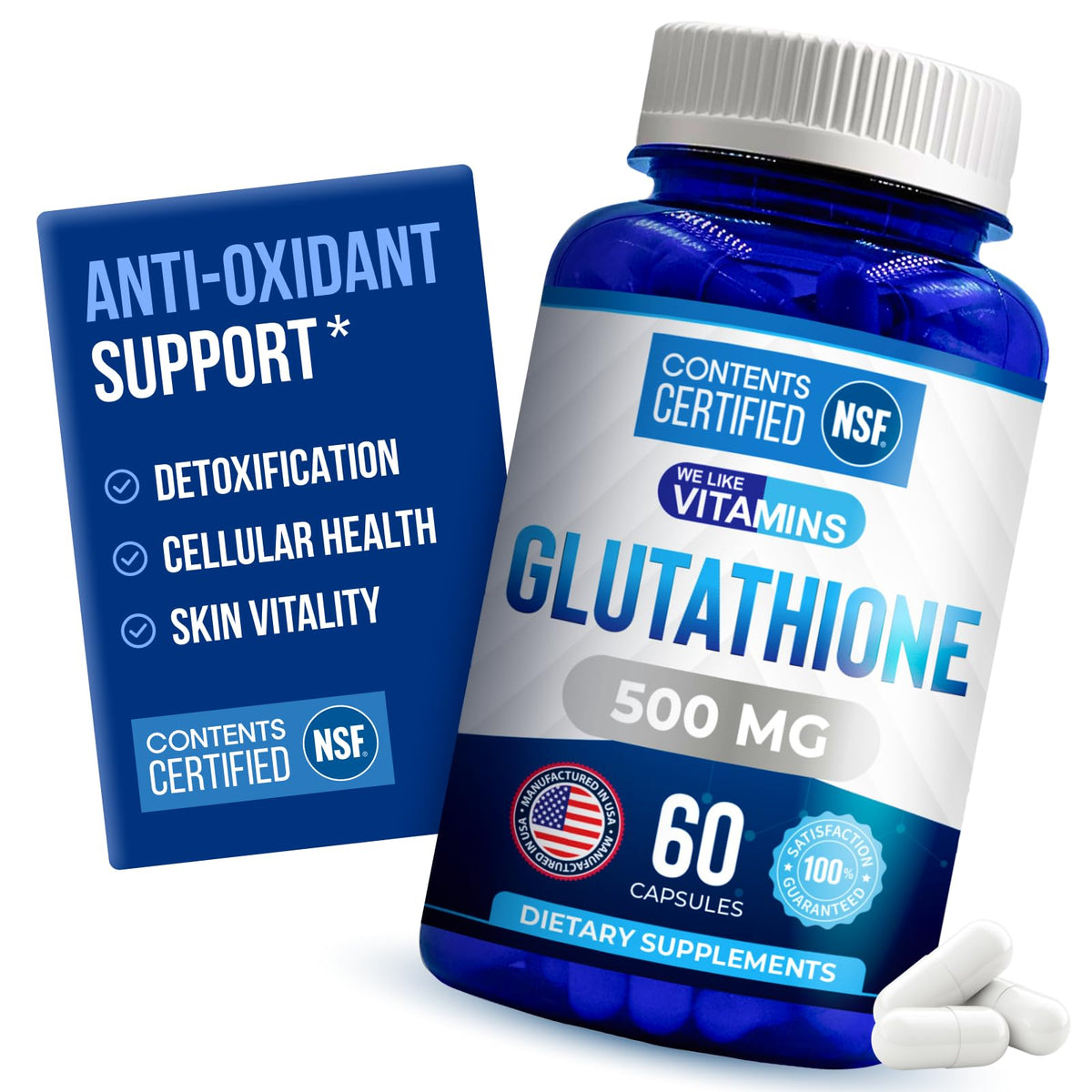 We Like Vitamins Glutathione 500mg bottle shows antioxidant support in daily use.