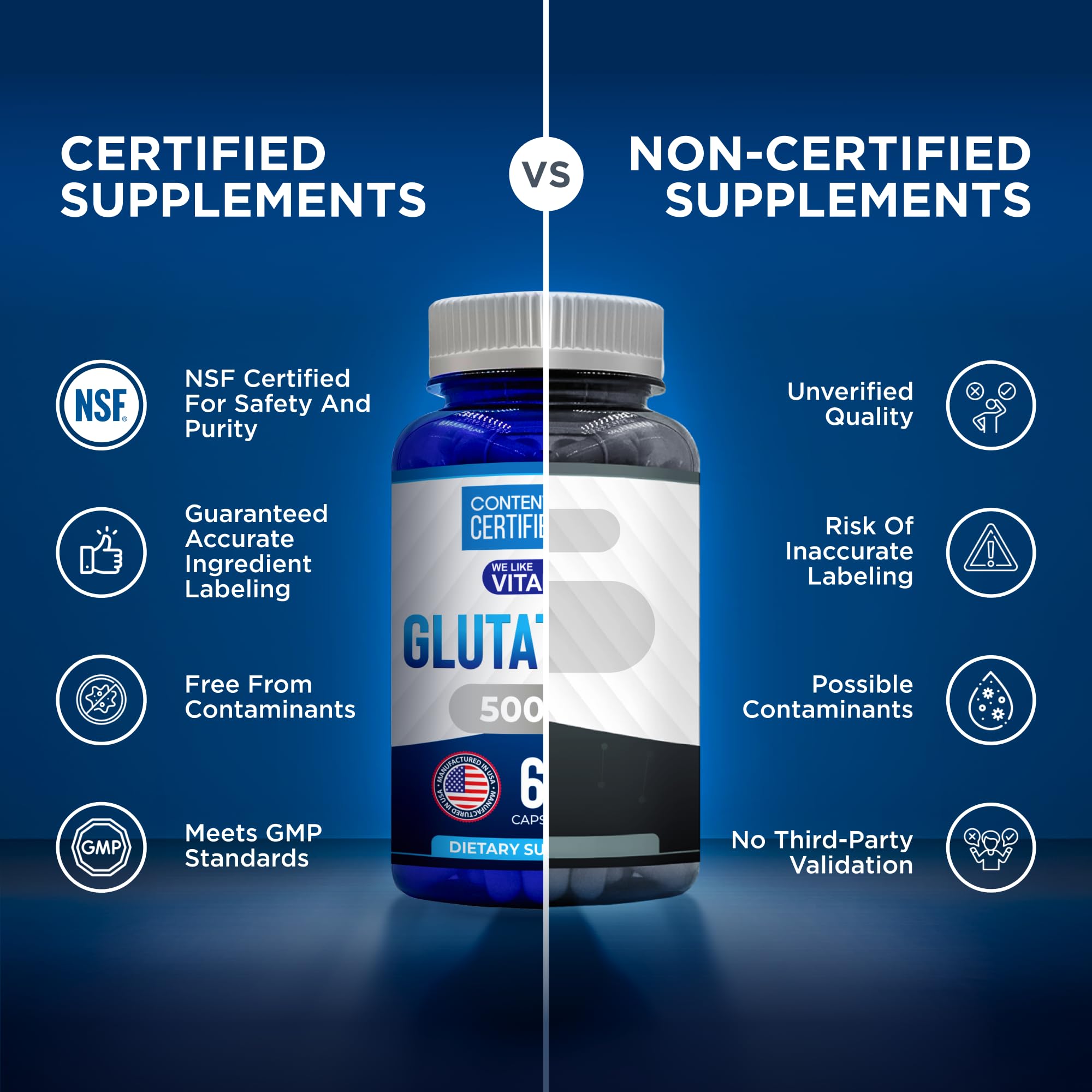 We Like Vitamins Glutathione bottle with capsules beside a glass of water.