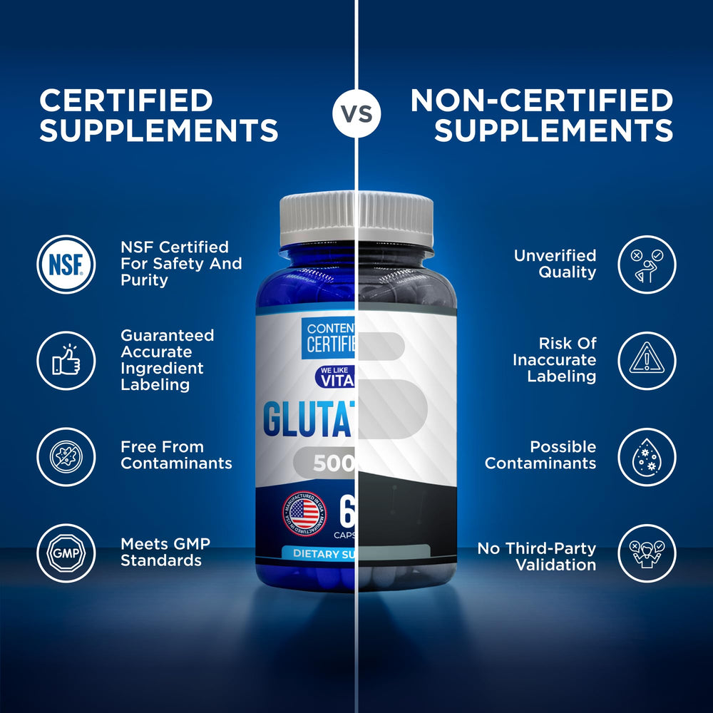 We Like Vitamins Glutathione bottle with capsules beside a glass of water.
