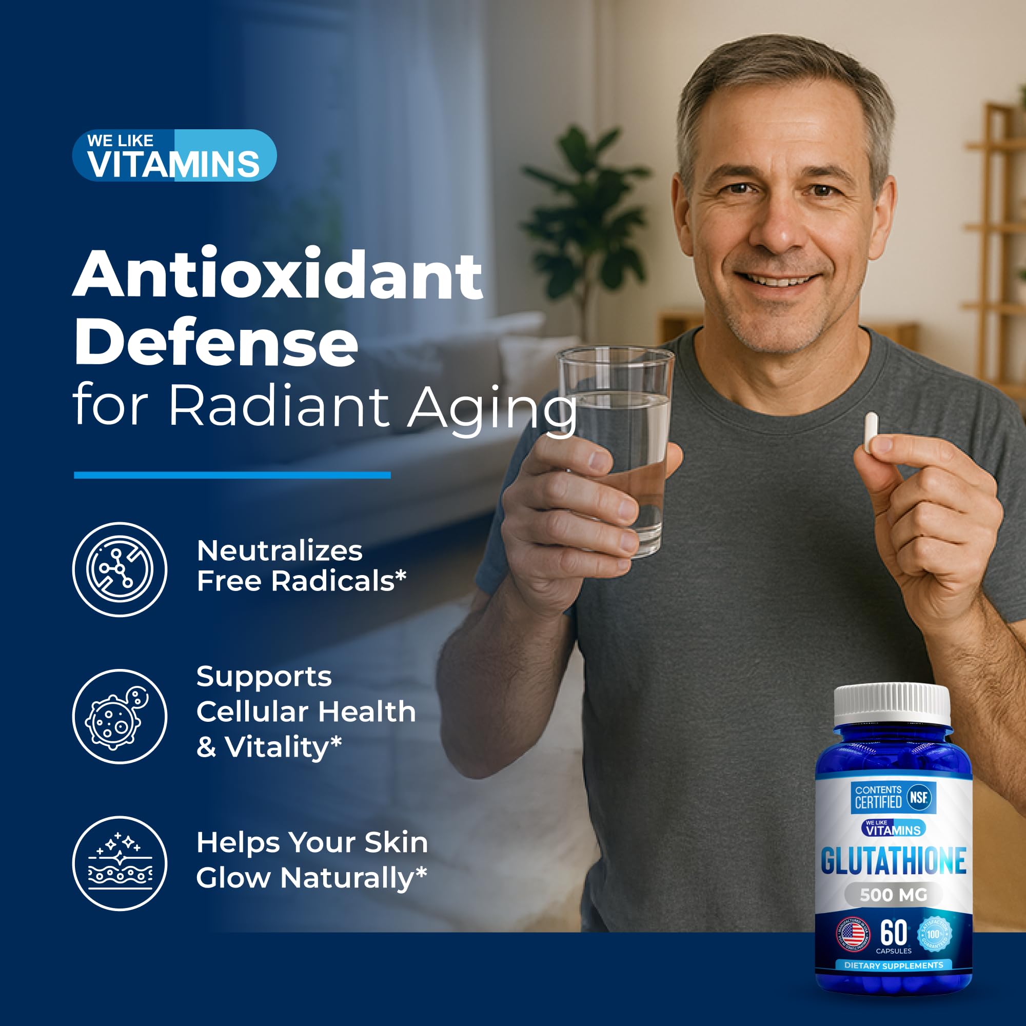 USA-made label on We Like Vitamins Glutathione bottle signaling quality standards.
