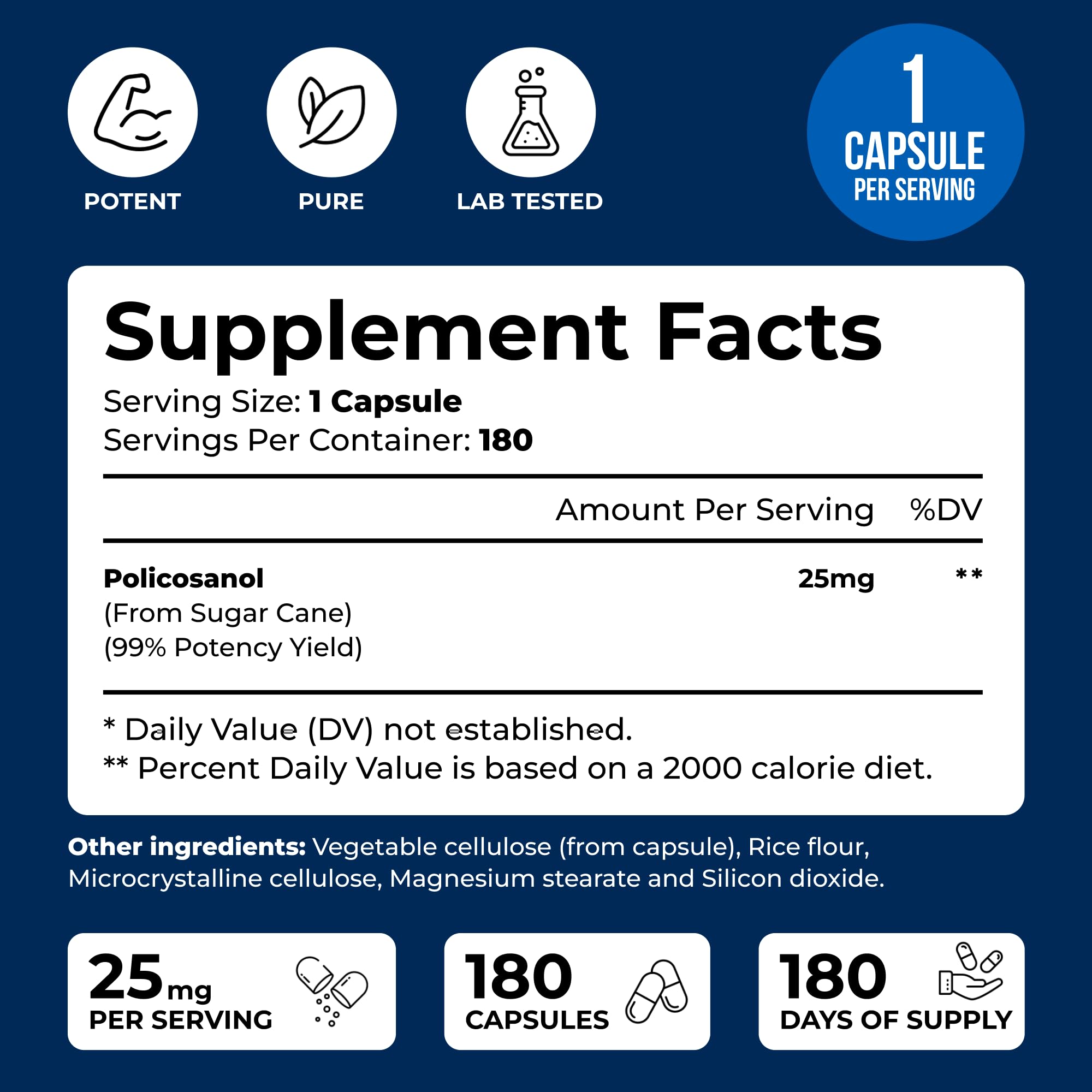 We Like Vitamins Policosanol 180 capsules packaging supports long-term daily use.