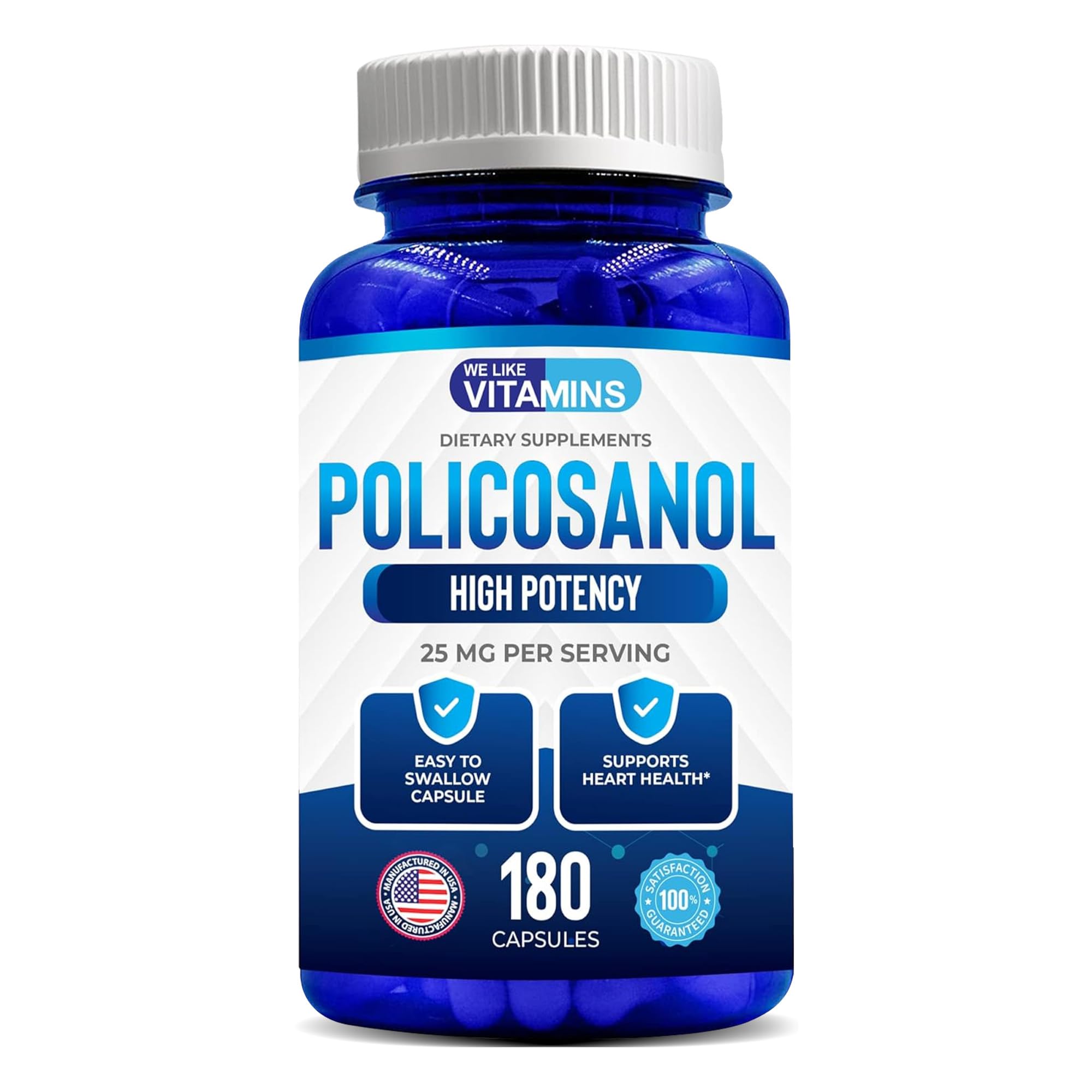 We Like Vitamins Policosanol 25mg bottle for daily wellness routine.