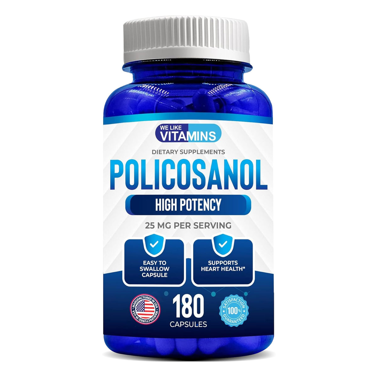 We Like Vitamins Policosanol 25mg bottle for daily wellness routine.