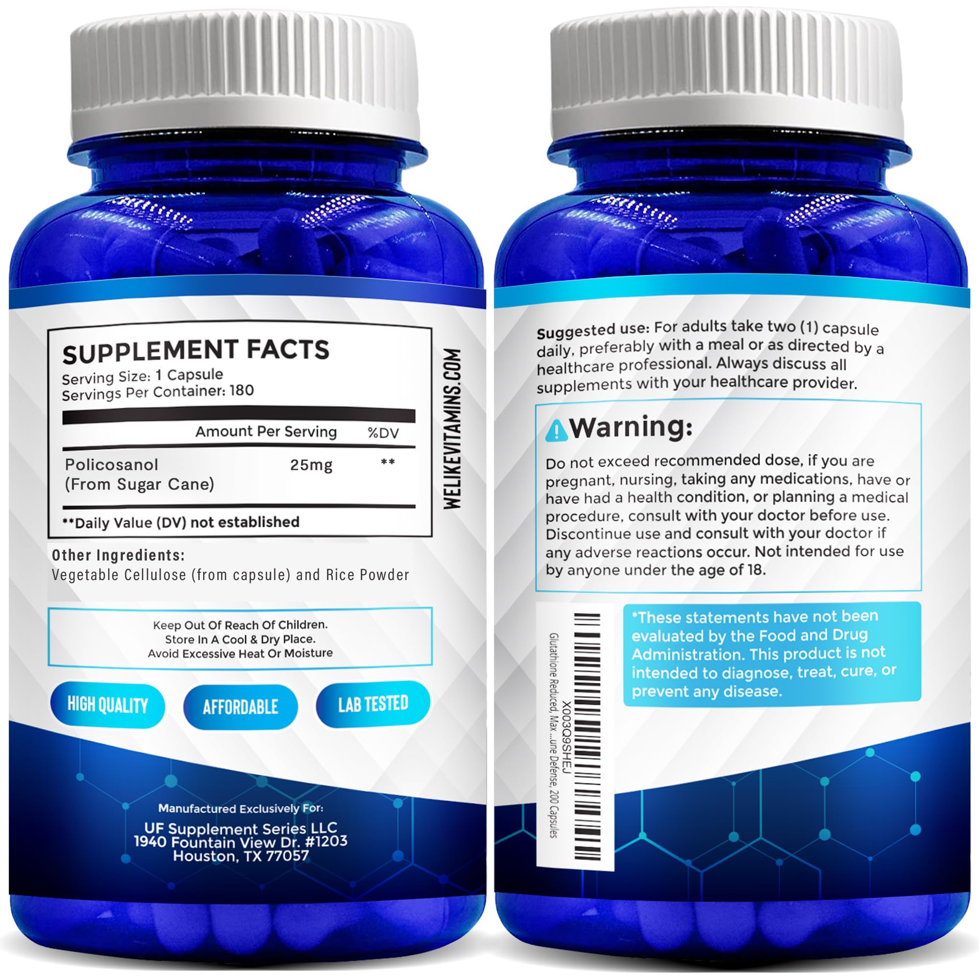 We Like Vitamins Policosanol non-GMO gluten-free badge visible on packaging.