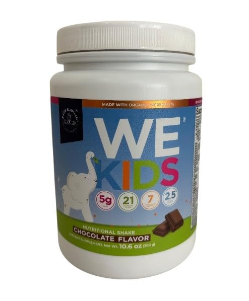 WE White Elephant We Kids chocolate powder bottle pour for easy daily nutrition.