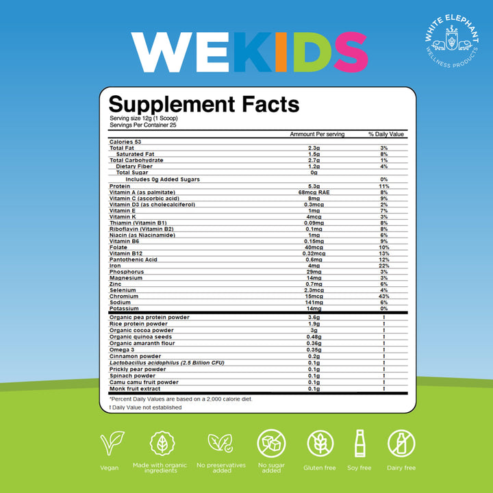 WE White Elephant We Kids chocolate powder mixed into a drink boosts flavor and nutrients.