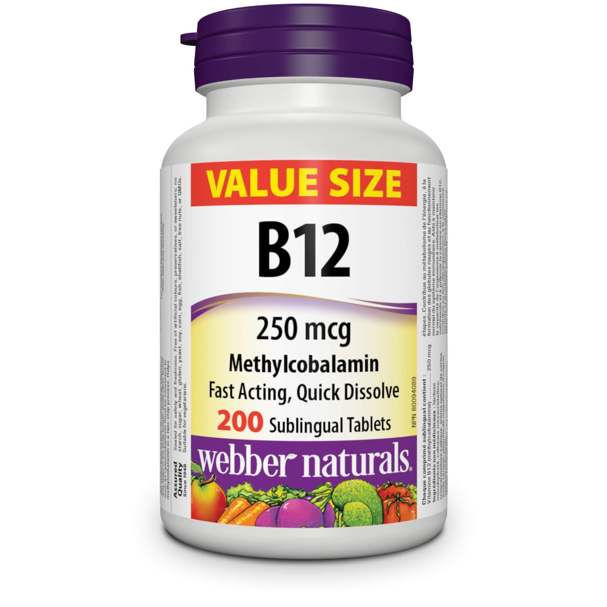 Webber Naturals B12 sublingual tablets with cherry flavor for quick absorption.