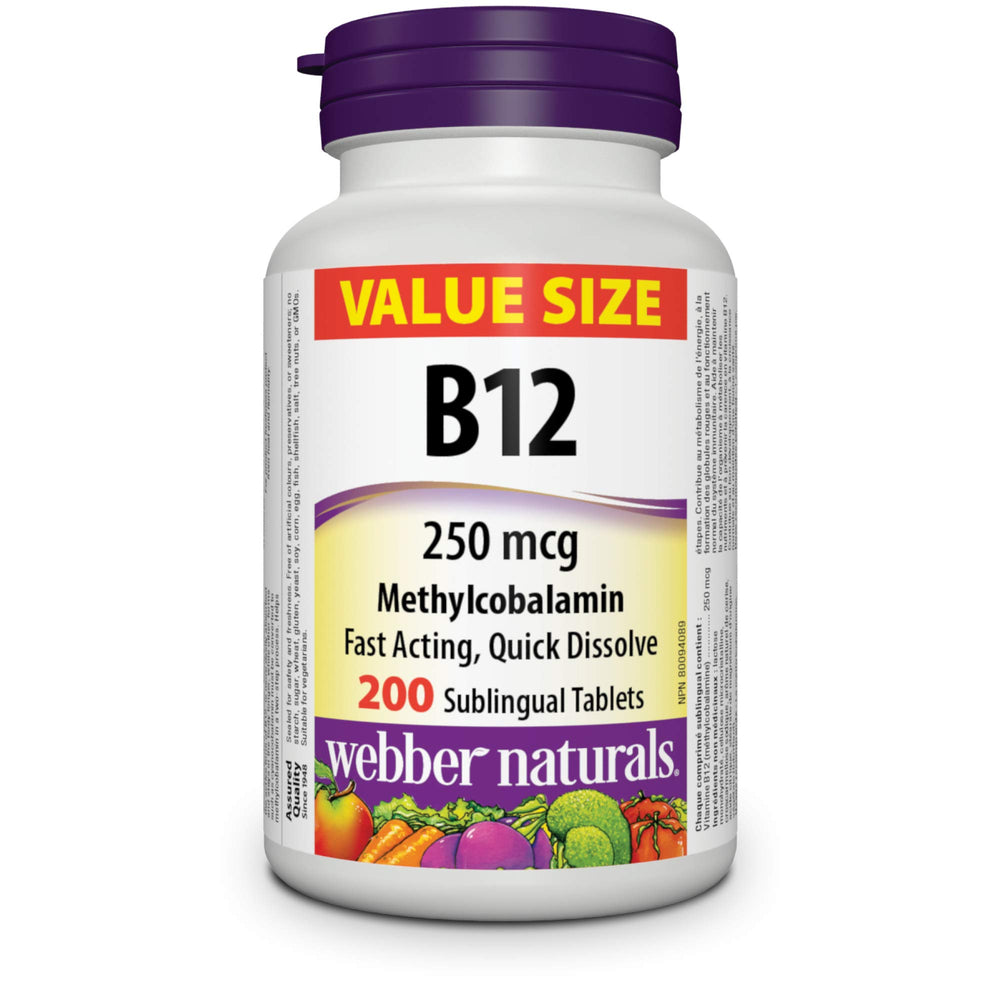 Webber Naturals B12 sublingual tablets with cherry flavor for quick absorption.