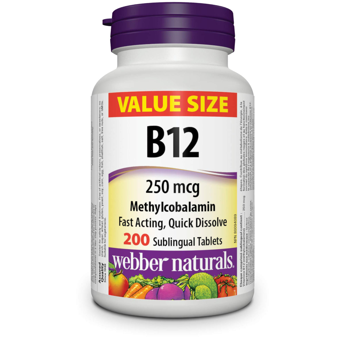 Webber Naturals B12 sublingual tablets with cherry flavor for quick absorption.