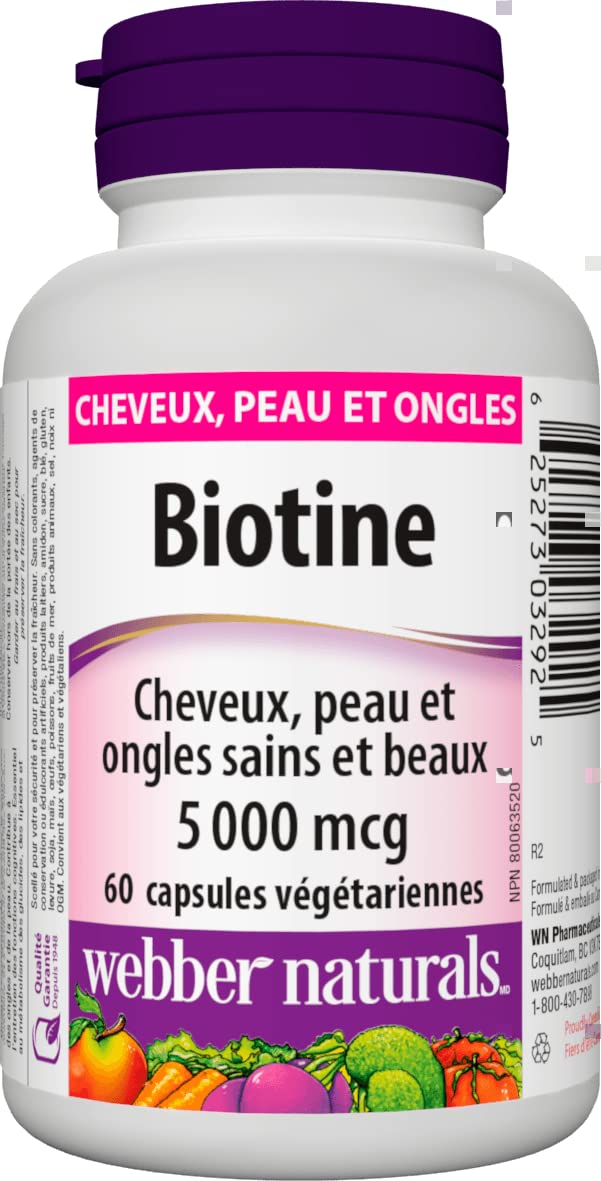 Webber Naturals Biotin 5000 mcg capsules ready for vegetarian daily use.
