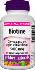 Webber Naturals Biotin 5000 mcg capsules ready for vegetarian daily use.