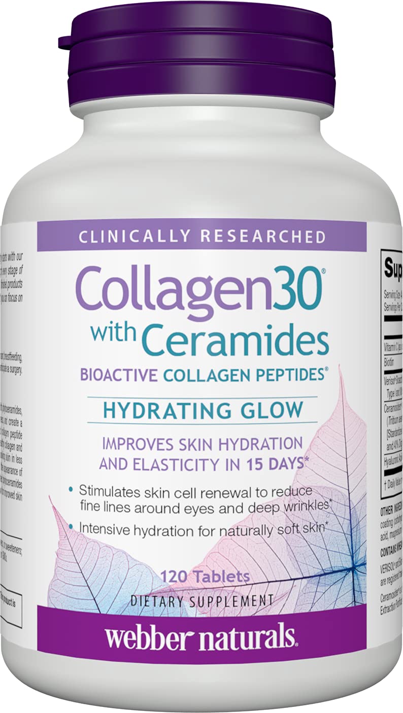 Webber Naturals Collagen30 bottle-front highlighting hydrated skin and radiant glow.