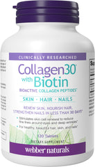 Webber Naturals Collagen30 bottle label shows 2,500 mg collagen and 5,000 mcg biotin per serving.