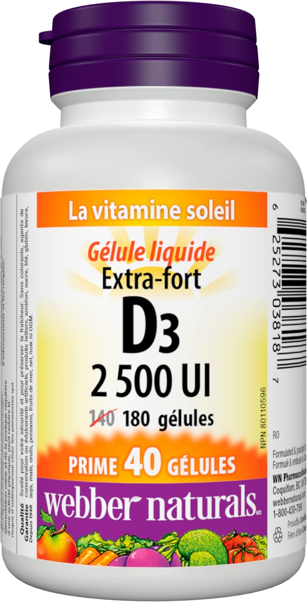 Webber Naturals ConfettiWOW D3 2500 IU softgel close-up highlights bone support.
