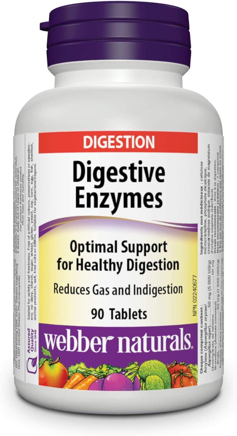 Webber Naturals Digestive Enzymes bottle front supports digestion after meals.