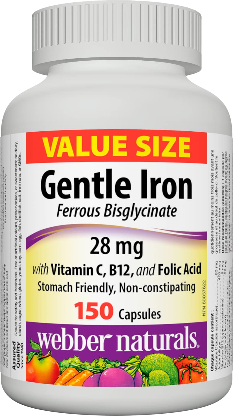 Webber Naturals Gentle Iron bottle close-up, highlighting the stomach-friendly formula.