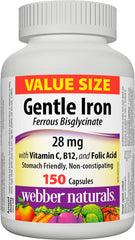 Webber Naturals Gentle Iron bottle close-up, highlighting the stomach-friendly formula.