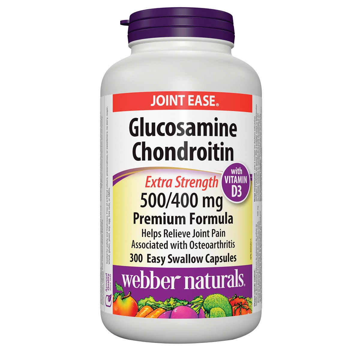 Webber Naturals Glucosamine Chondroitin vitamin D3 extra strength bottle; premium formula for daily use.