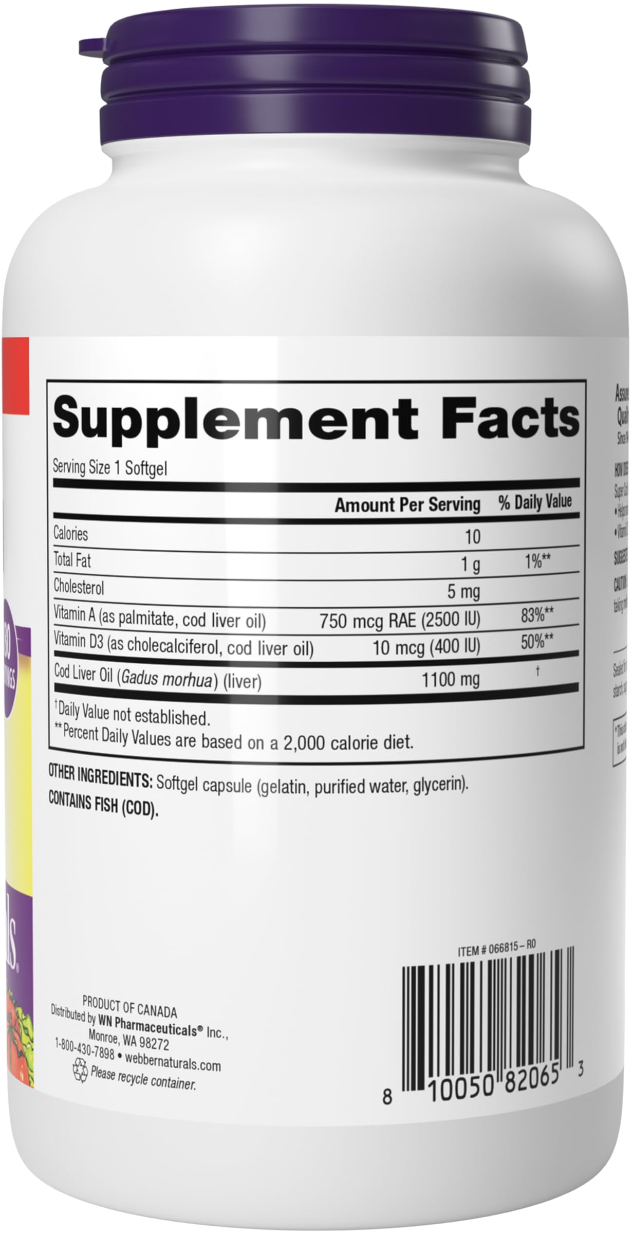 Webber Naturals cod liver oil bottle with vitamin A and D3 for seasonal wellness.