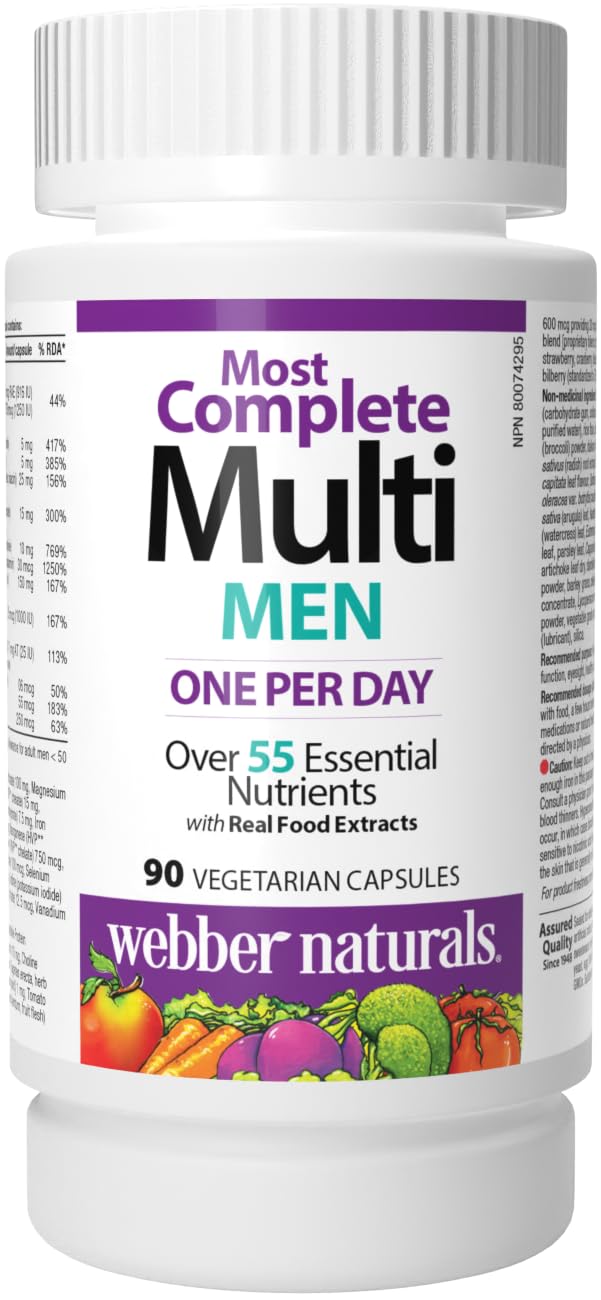 Webber Naturals Men's Most Complete Multi bottle front shows daily vitamin support at a glance