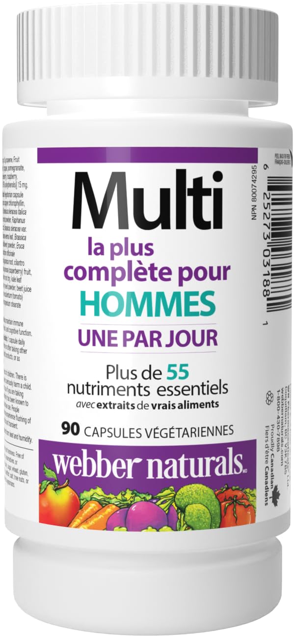 Webber Naturals Men's Most Complete Multi capsule closeup highlights easy-to-swallow vegetarian capsules