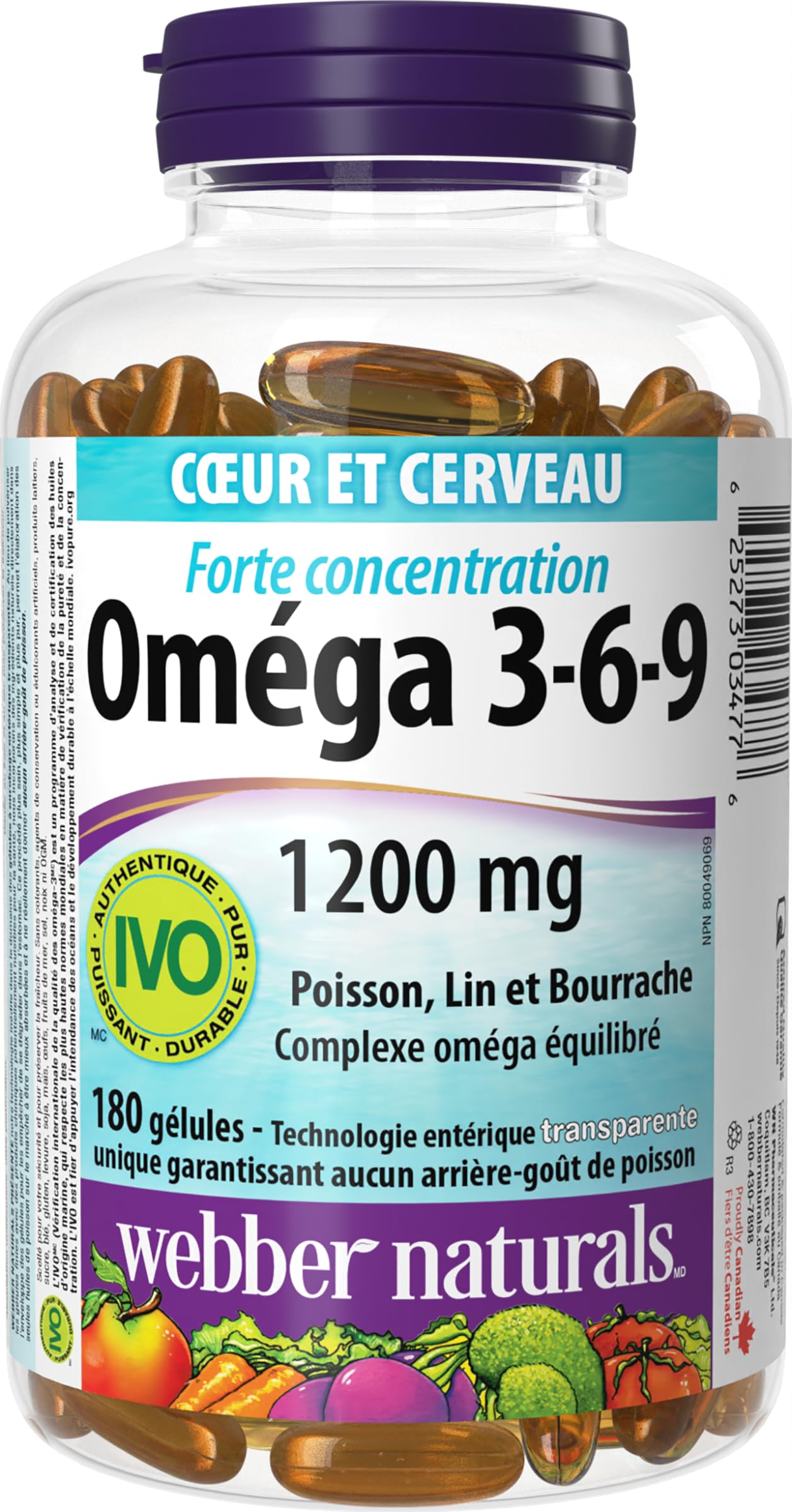 Closeup of Webber Naturals omega-3-6-9 label highlighting capsule clarity and nutrition