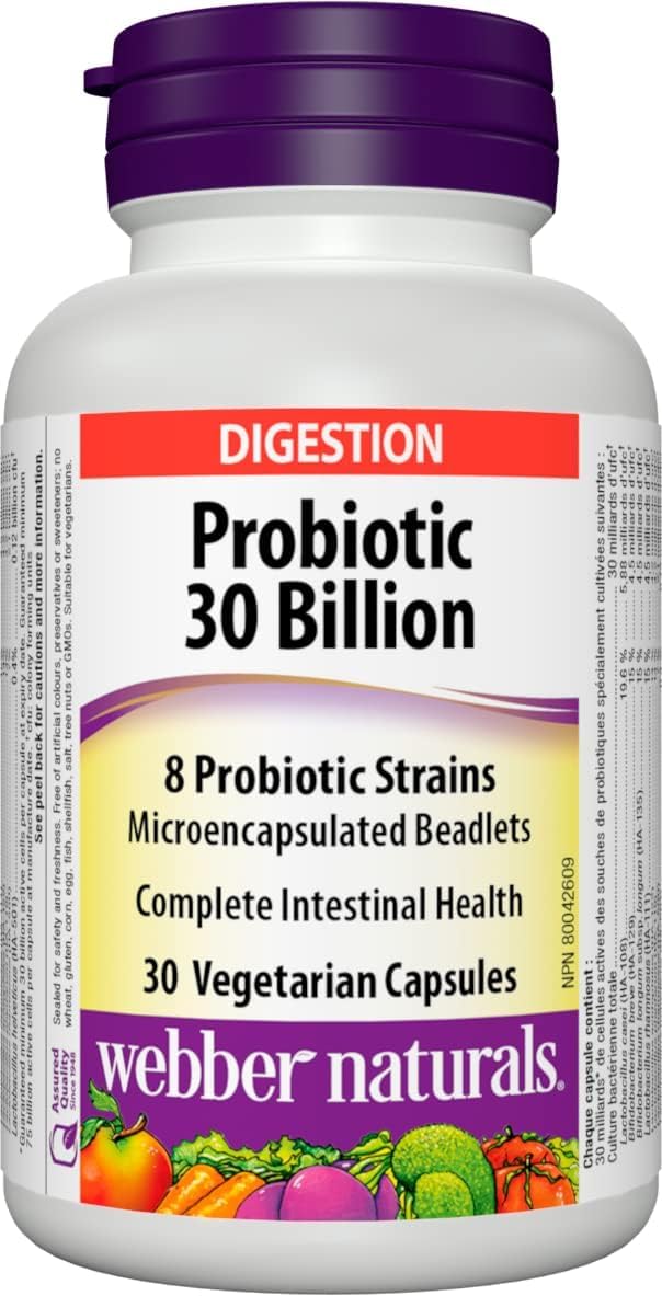 Webber Naturals Probiotic 30 Billion bottle front for daily gut support.