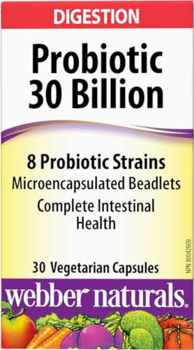 Webber Naturals Probiotic 30 Billion label closeup shows potency and eight strains.