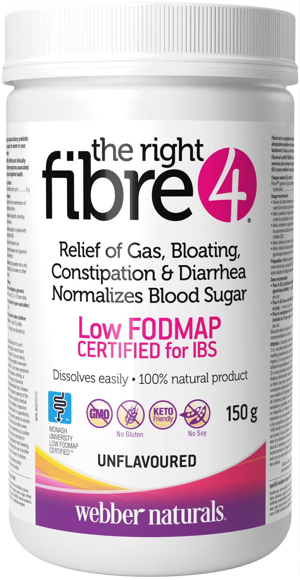 Webber Naturals Right Fibre4 unflavoured bottle demonstrates convenient digestive support