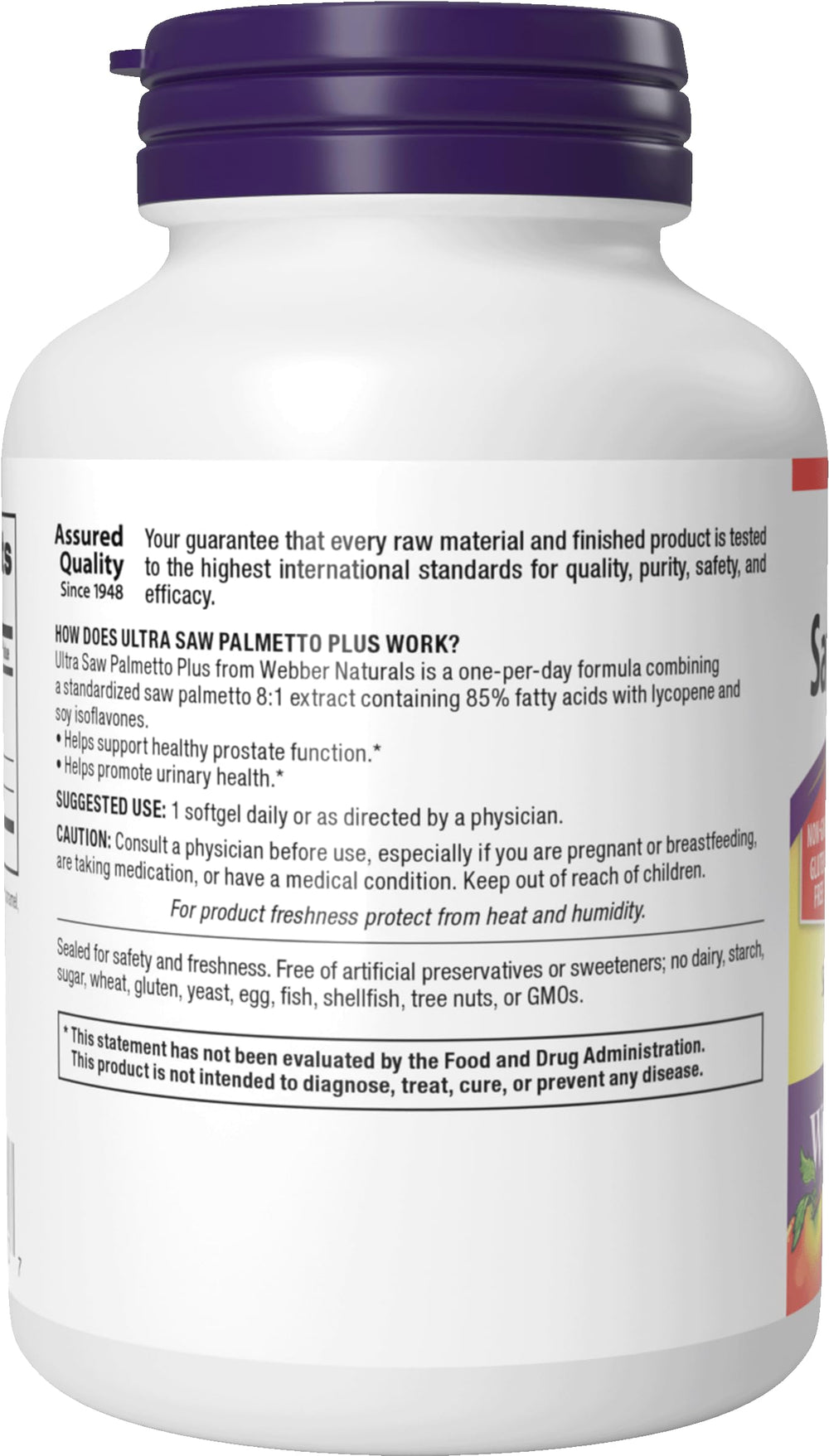 Webber Naturals Ultra Saw Palmetto Plus bottle top view with label clarity
