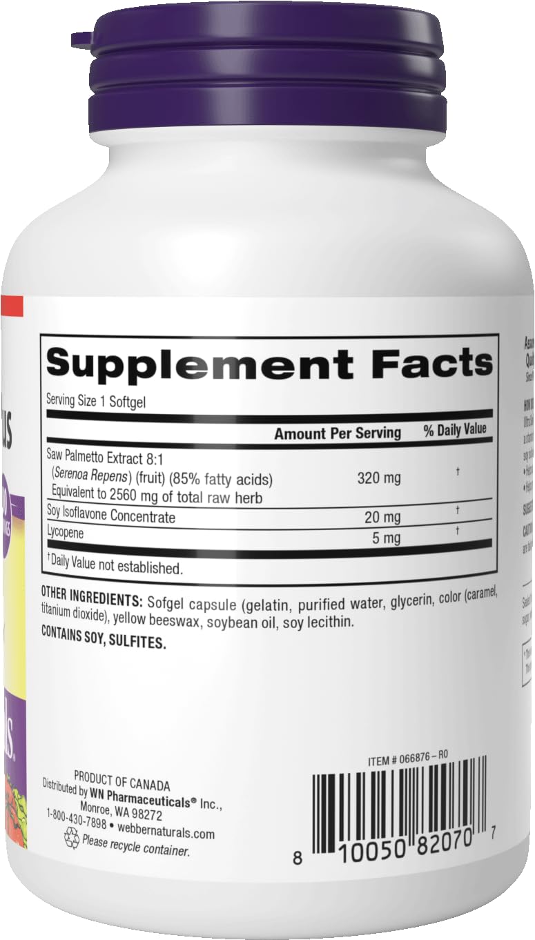 Webber Naturals Ultra Saw Palmetto Plus gluten-free packaging emphasizing one-a-day convenience