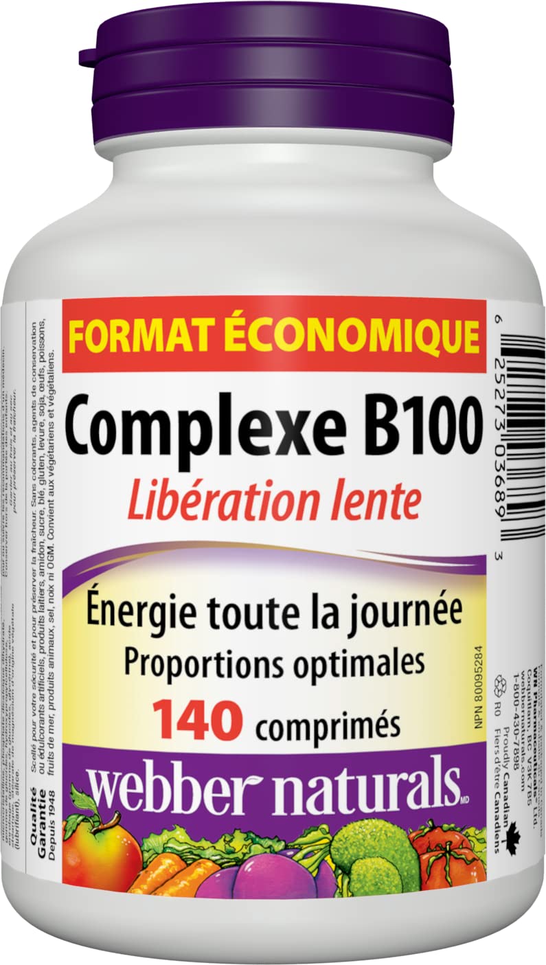 Webber Naturals Vitamin B100 Complex Time Release bottle back with label details.