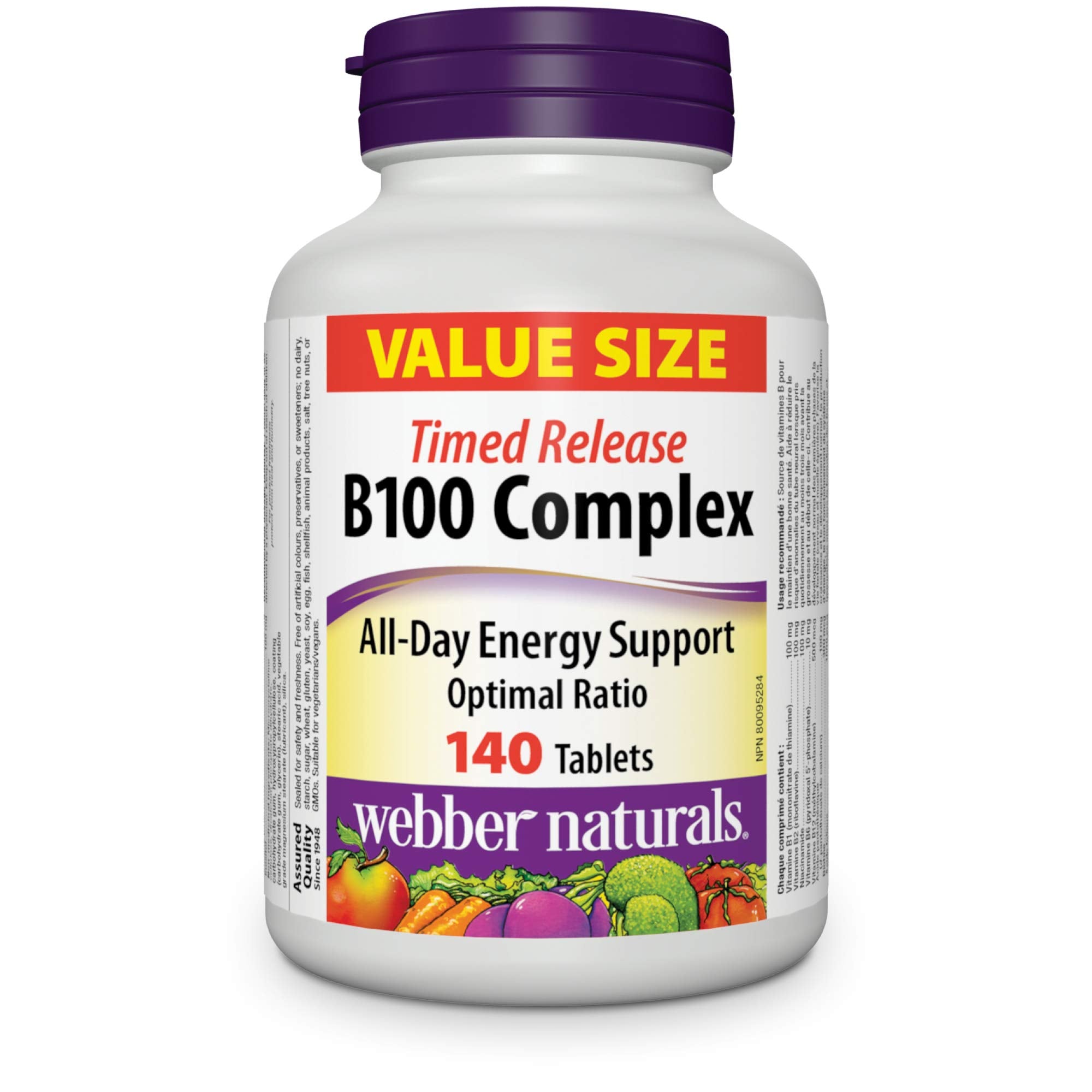 Webber Naturals Vitamin B100 Complex Time Release bottle front view for daily supplementation.